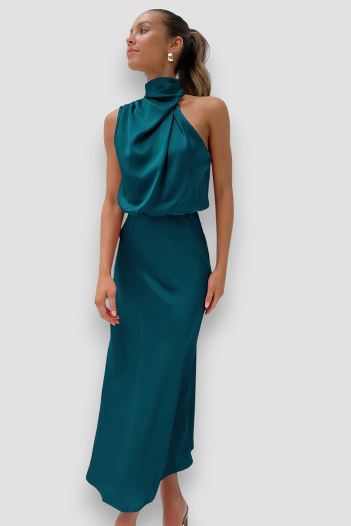 Lois | Draped Satin Halter Midi Dress