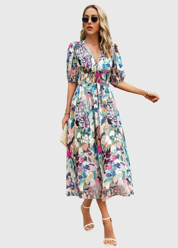 Eleanor | Women's Printed V-Neck Puff Sleeve Midi Dress