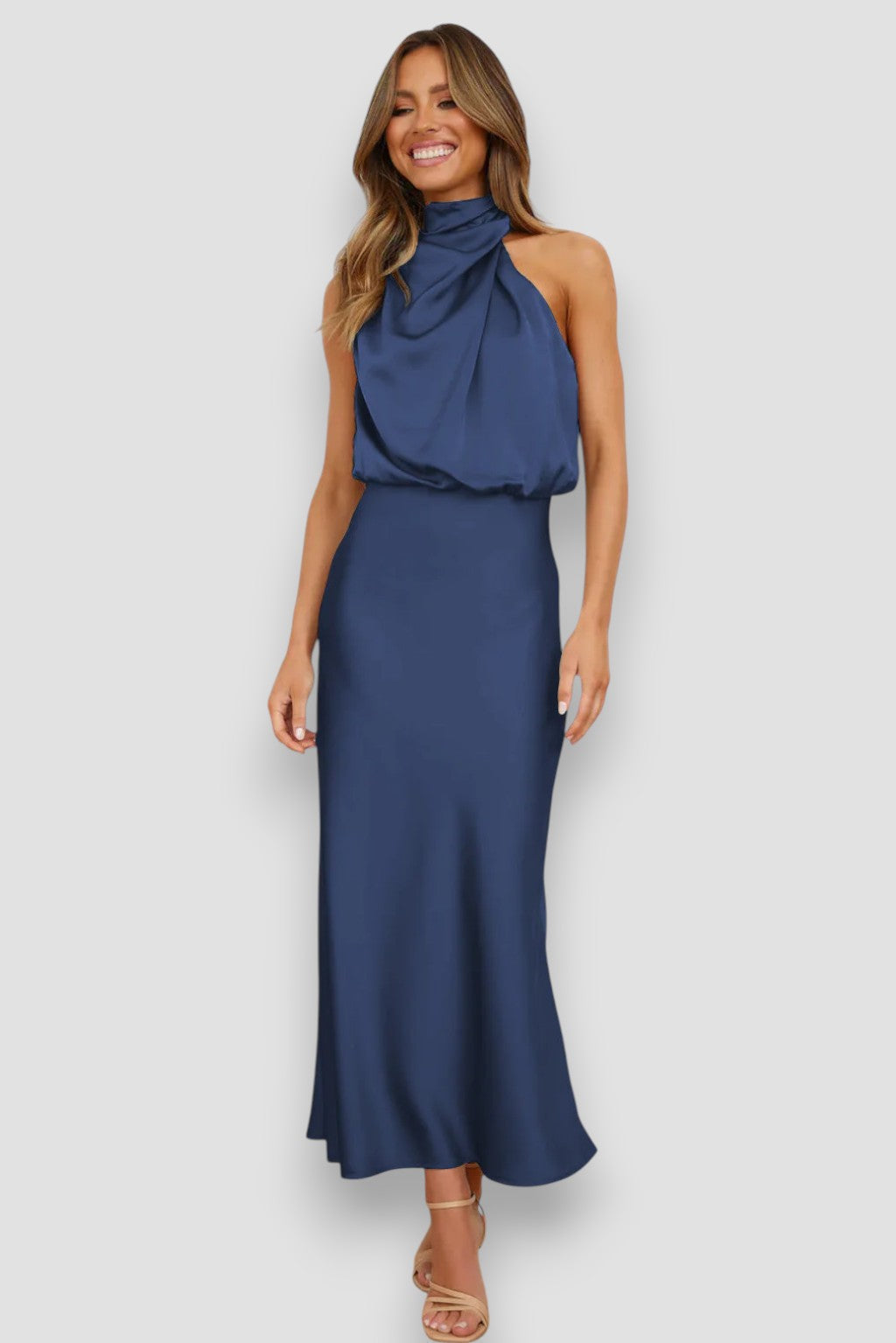 Lois | Draped Satin Halter Midi Dress