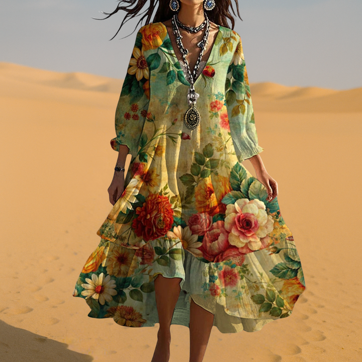 Diana | Floral Midi Dress V-Neck 3/4 Sleeve