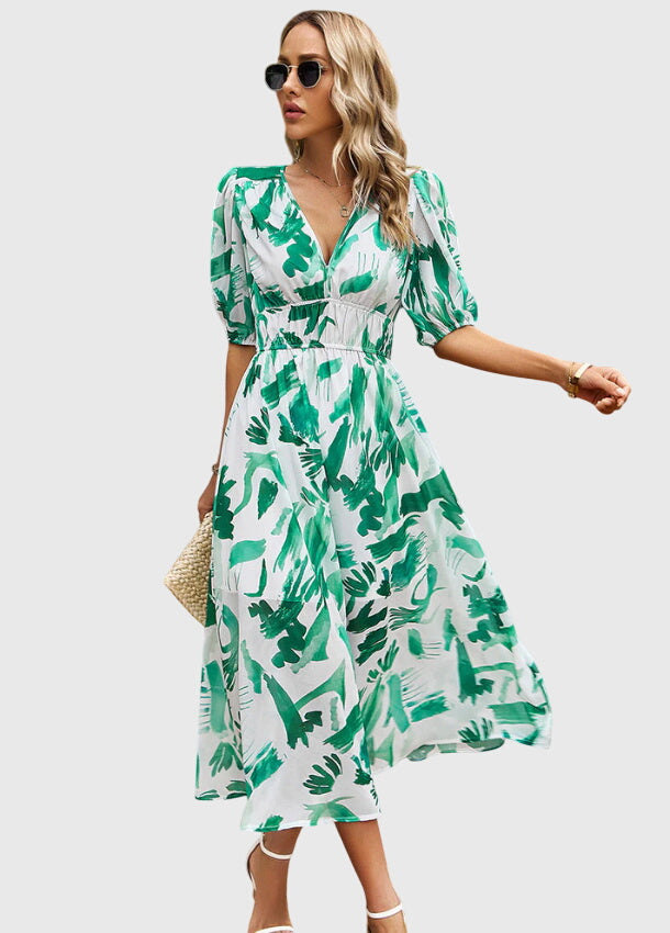 Eleanor | Women's Printed V-Neck Puff Sleeve Midi Dress
