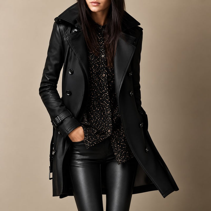 Sophia | Long Double-Breasted Faux-Leather Jacket