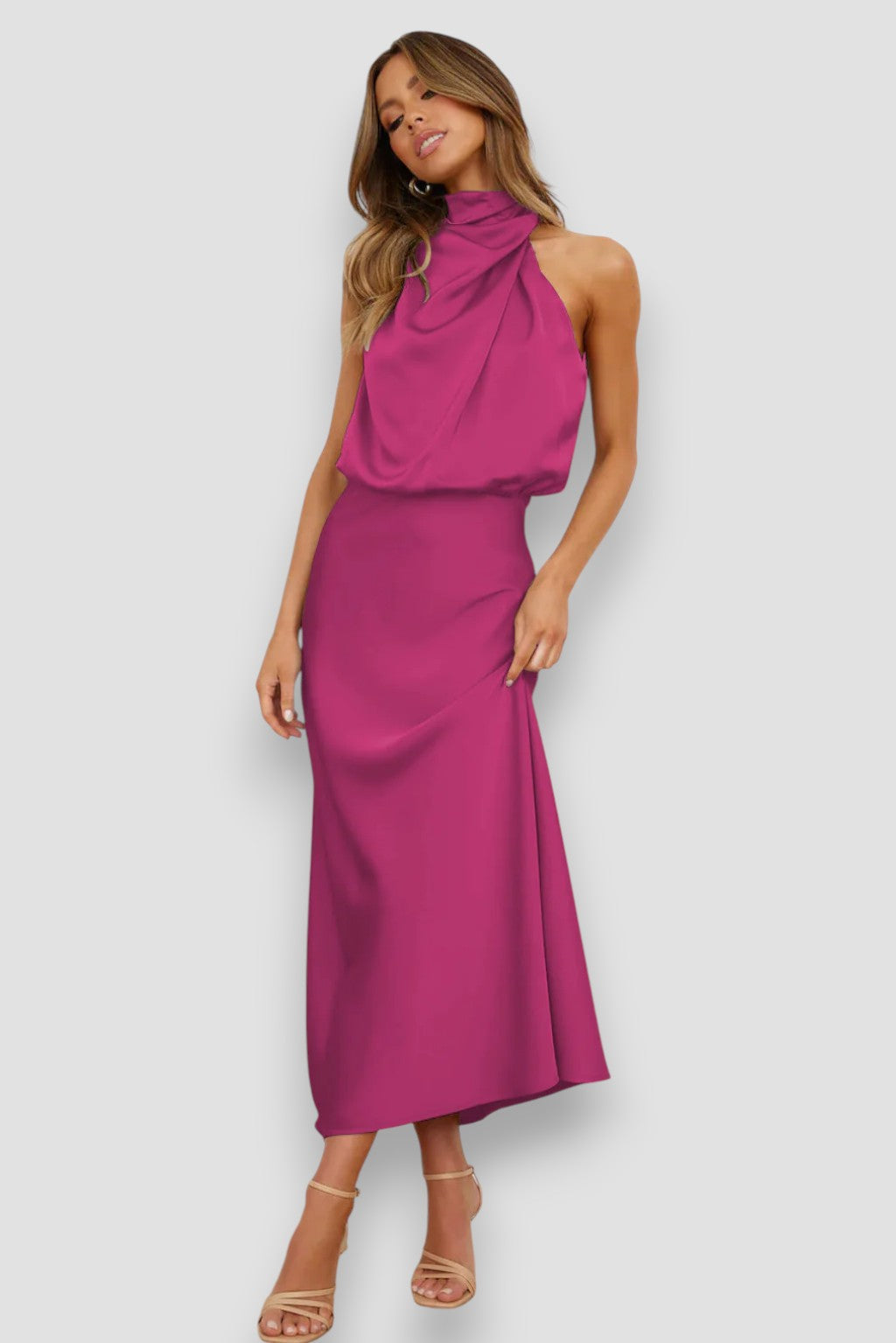 Lois | Draped Satin Halter Midi Dress