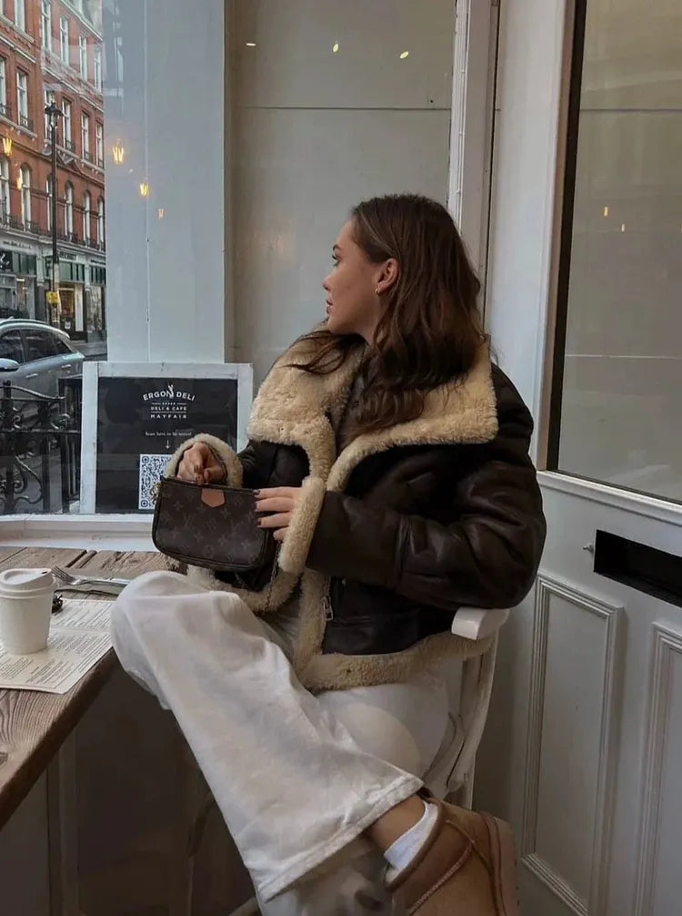 Genevieve | Women's Shearling Trim Aviator Jacket