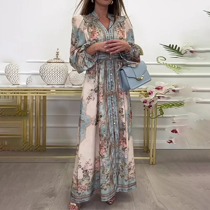 Sophia | Floral Print Lantern-Sleeve Maxi Dress