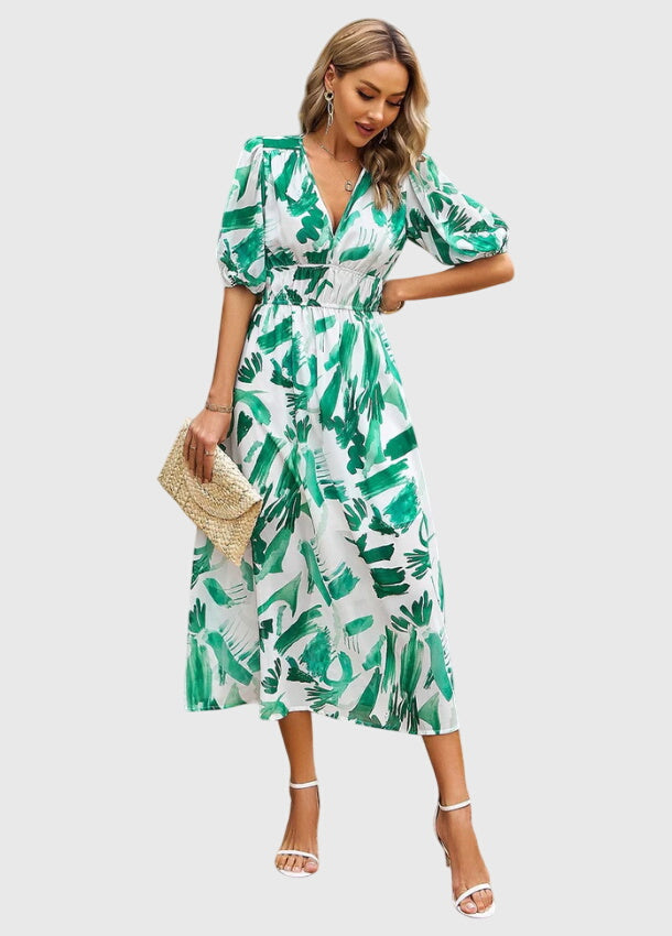Eleanor | Women's Printed V-Neck Puff Sleeve Midi Dress