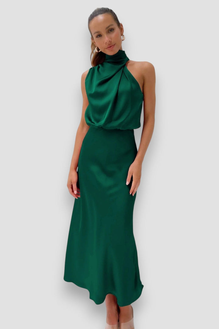 Lois | Draped Satin Halter Midi Dress
