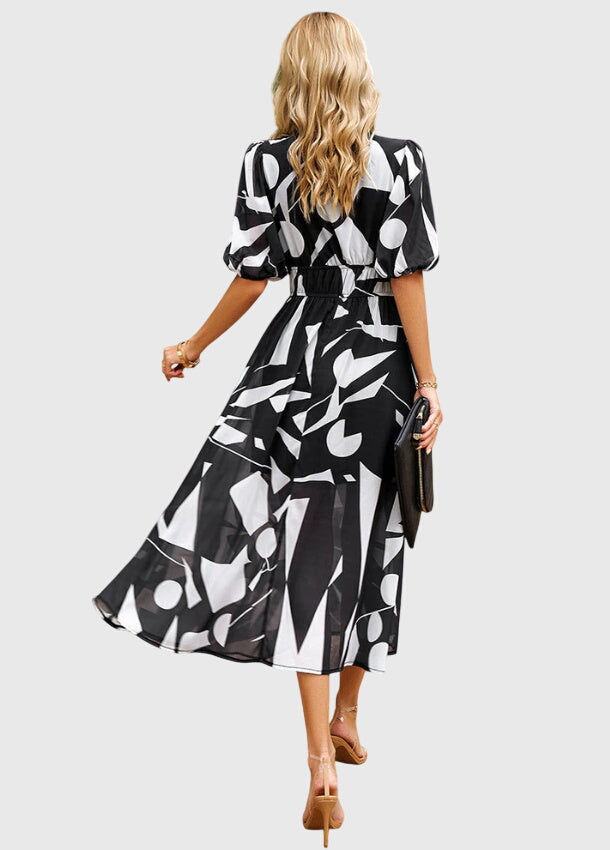 Eleanor | Women's Printed V-Neck Puff Sleeve Midi Dress