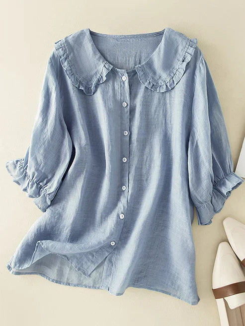 Skylar | Women's Linen Loose Peter Pan Ruffle Neck Shirt