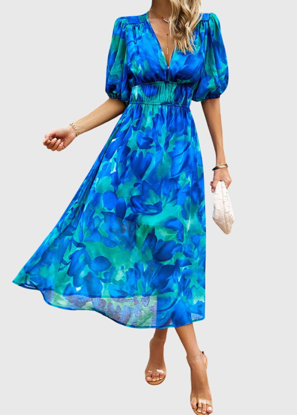 Eleanor | Women's Printed V-Neck Puff Sleeve Midi Dress