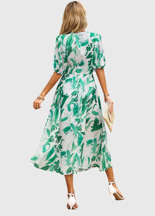 Eleanor | Women's Printed V-Neck Puff Sleeve Midi Dress