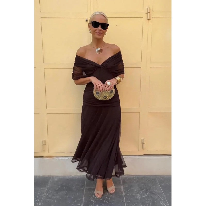 Adrienne | Off-Shoulder Ruched Mermaid Maxi Dress