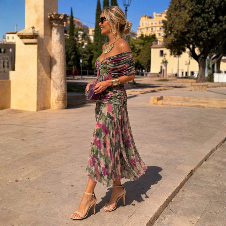 Adrienne | Off-Shoulder Ruched Mermaid Maxi Dress