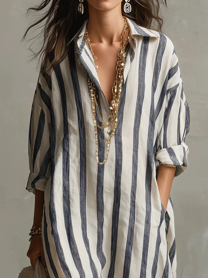 Marina | Women’s Striped Linen Long Shirt Dress