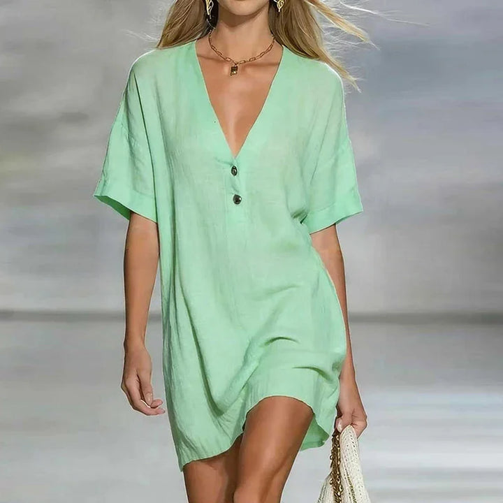 Liora | V Neck Linen Shirt Dress