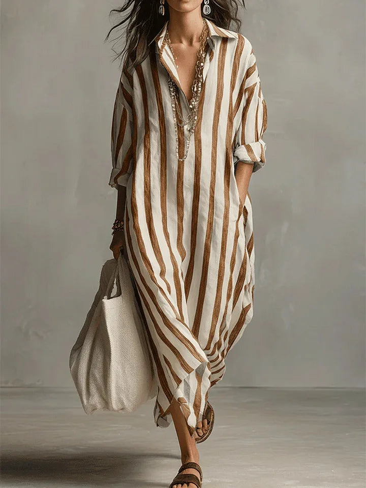 Marina | Women’s Striped Linen Long Shirt Dress