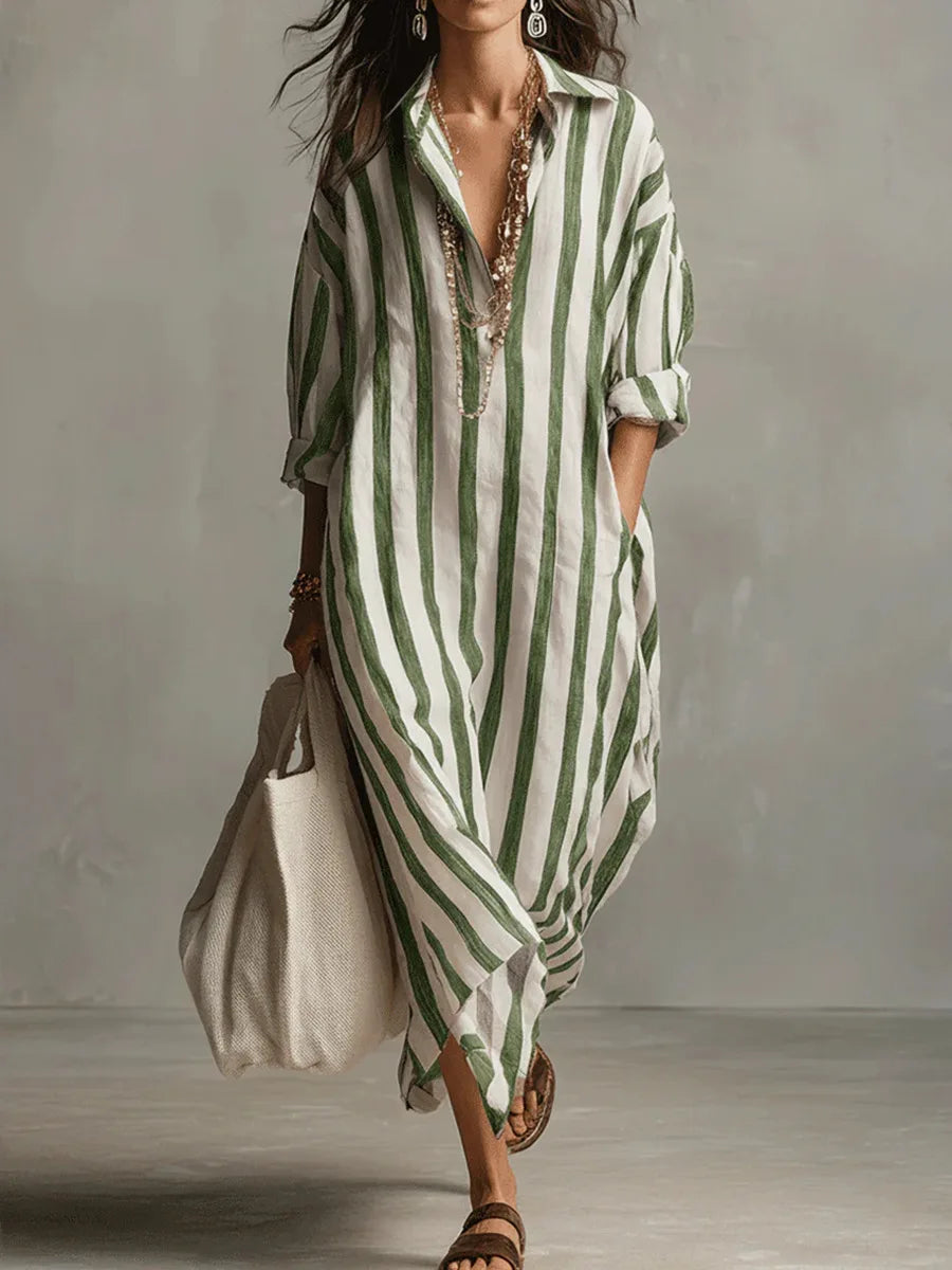 Marina | Women’s Striped Linen Long Shirt Dress