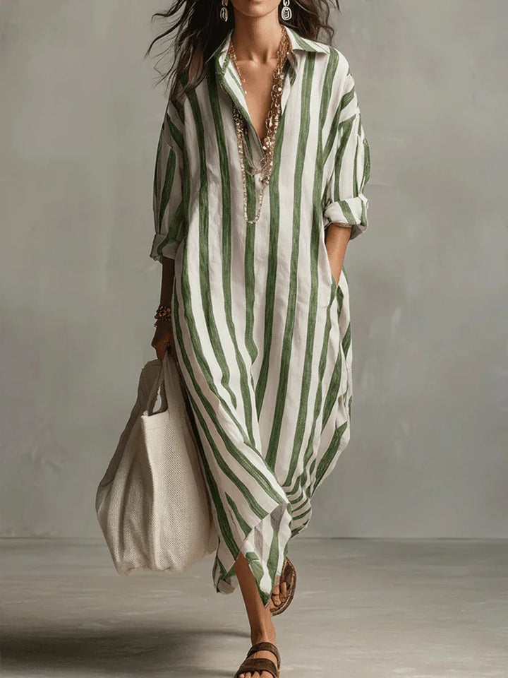 Marina | Women’s Striped Linen Long Shirt Dress
