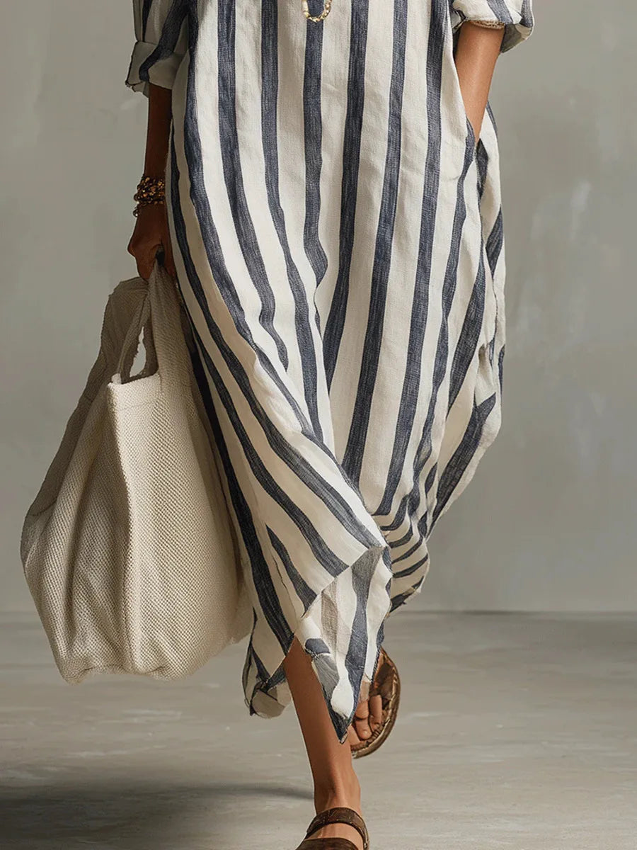 Marina | Women’s Striped Linen Long Shirt Dress