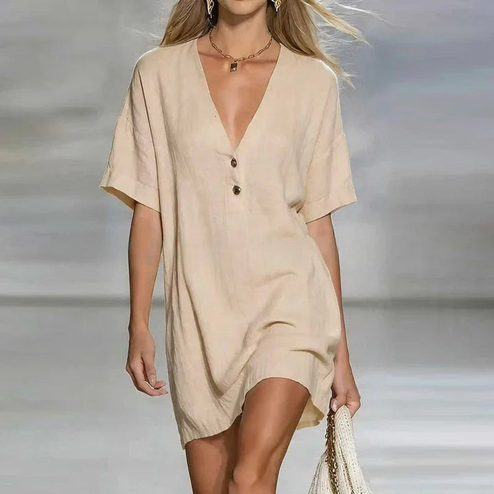 Liora | V Neck Linen Shirt Dress