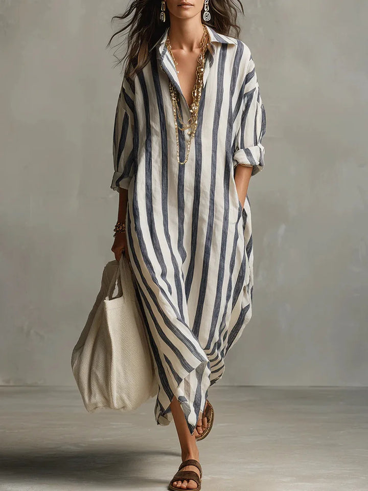 Marina | Women’s Striped Linen Long Shirt Dress