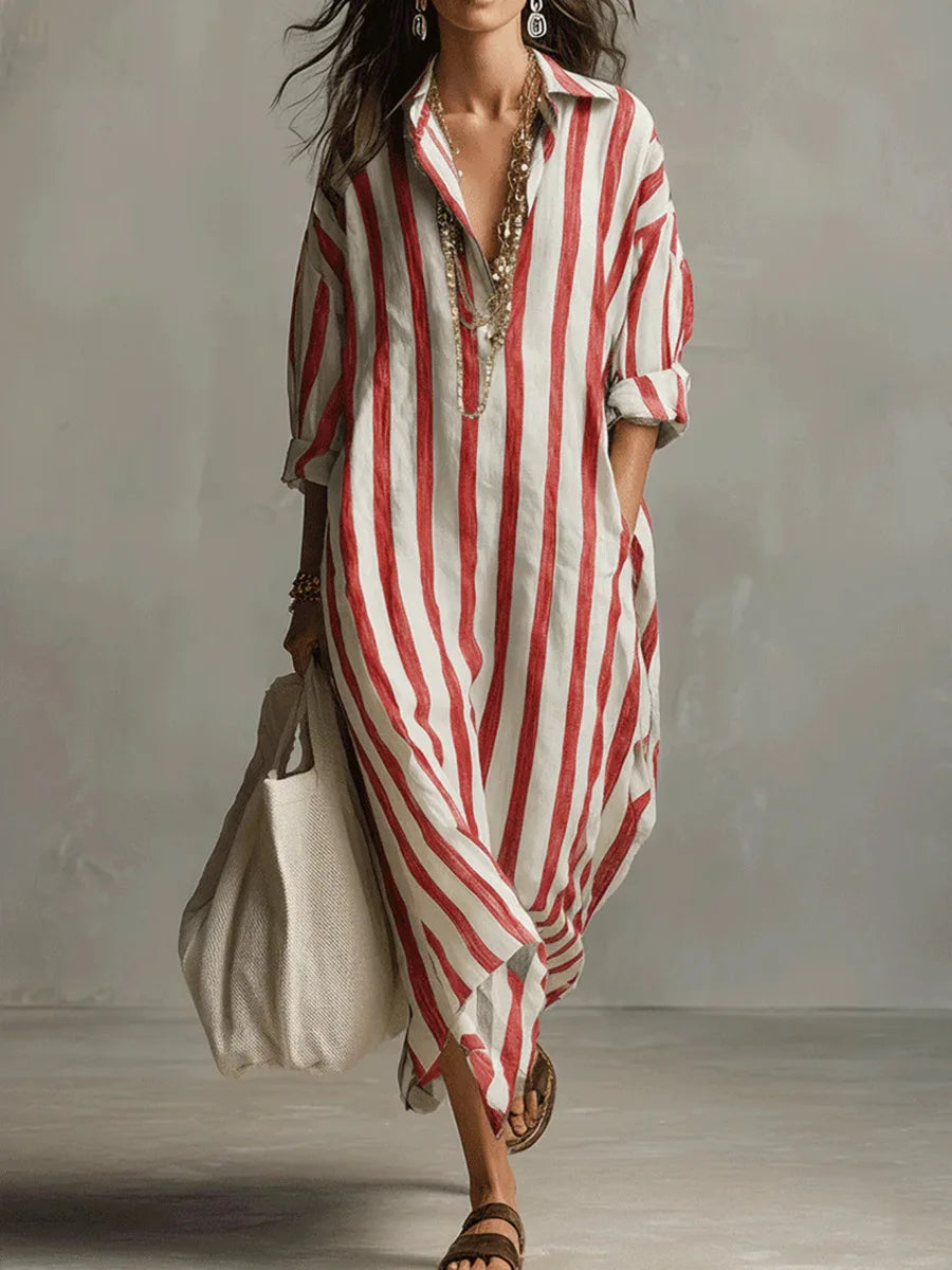 Marina | Women’s Striped Linen Long Shirt Dress