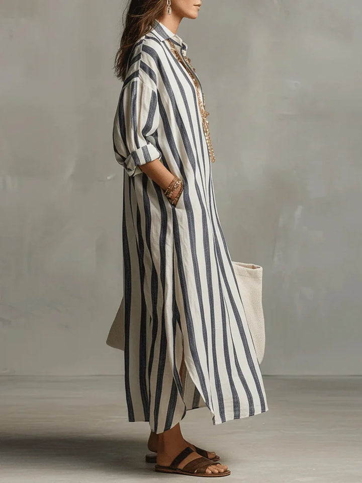 Marina | Women’s Striped Linen Long Shirt Dress