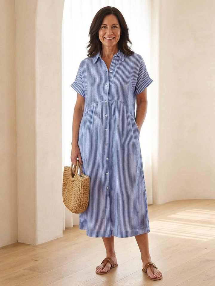 Heather | Striped Button Front Short Sleeve Midi Dress
