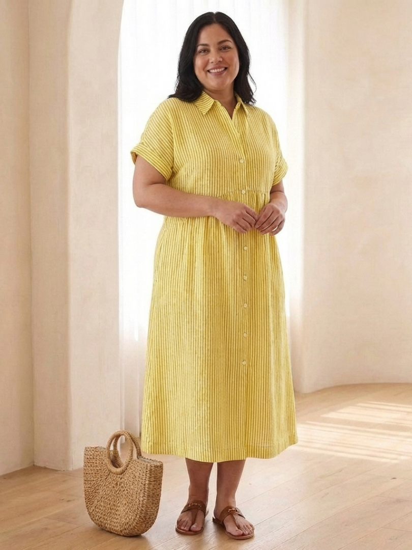 Heather | Striped Button Front Short Sleeve Midi Dress