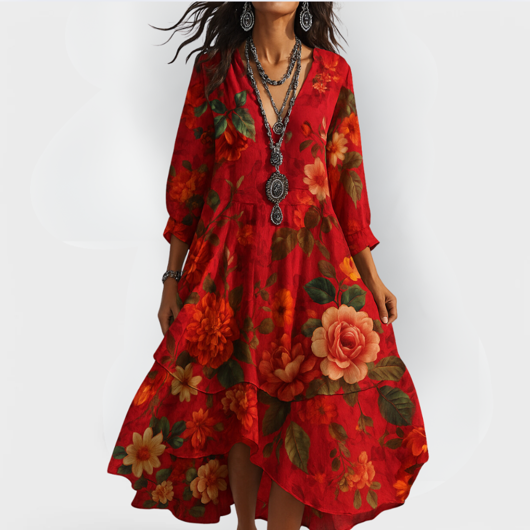 Diana | Floral Midi Dress V-Neck 3/4 Sleeve