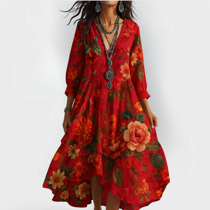 Diana | Floral Midi Dress V-Neck 3/4 Sleeve