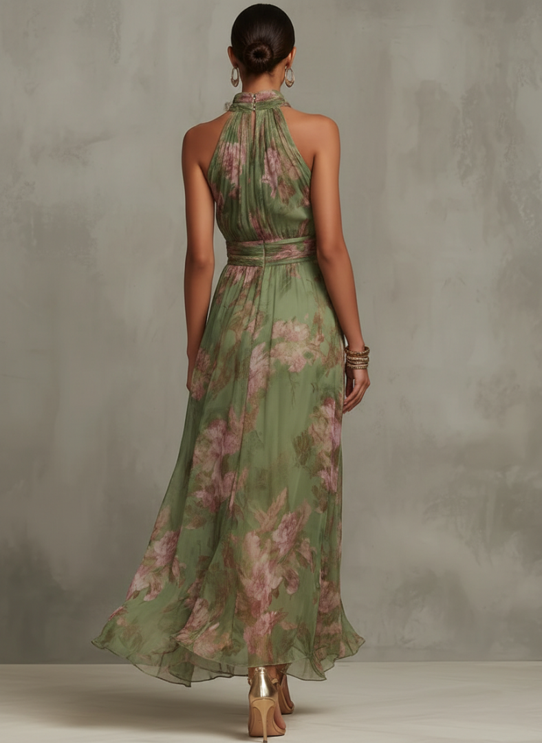 Florence | Green Floral Chiffon Halter Maxi Dress