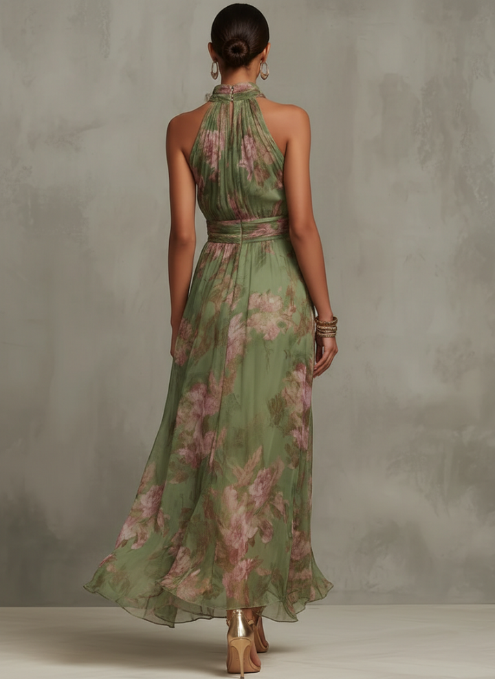 Florence | Green Floral Chiffon Halter Maxi Dress