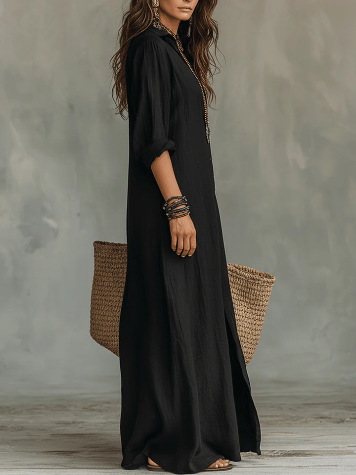 Soline | Oversized Black Maxi Dress with Buttons