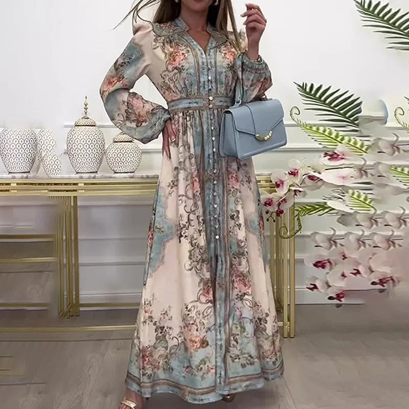 Sophia | Floral Print Lantern-Sleeve Maxi Dress