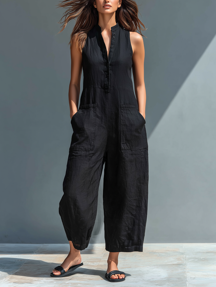 Sloane | Sleeveless Minimalist Jumpsuit for Women with High Collar and Buttons