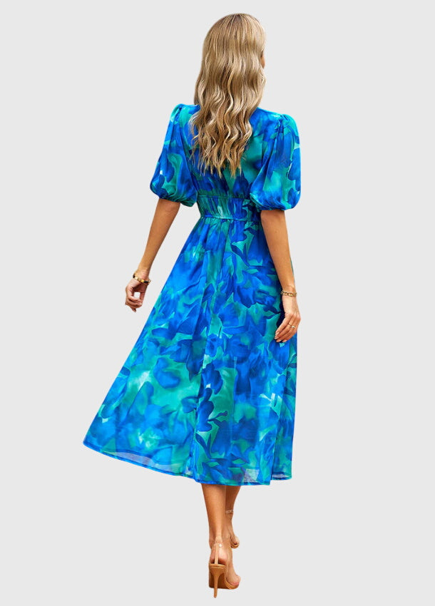 Eleanor | Women's Printed V-Neck Puff Sleeve Midi Dress