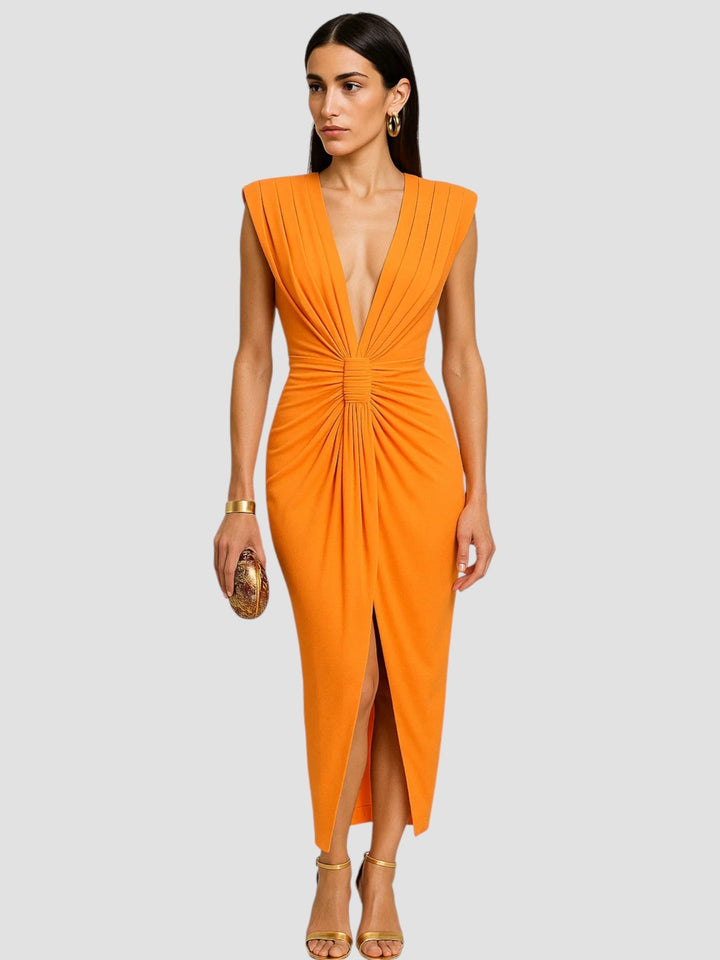 Tilly | Plunging Ruched Midi Dress
