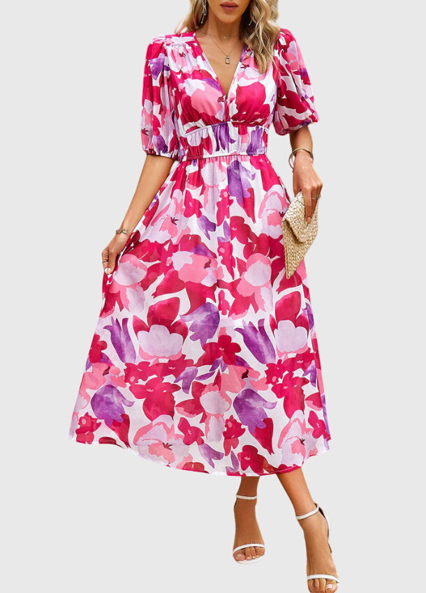 Eleanor | Women's Printed V-Neck Puff Sleeve Midi Dress