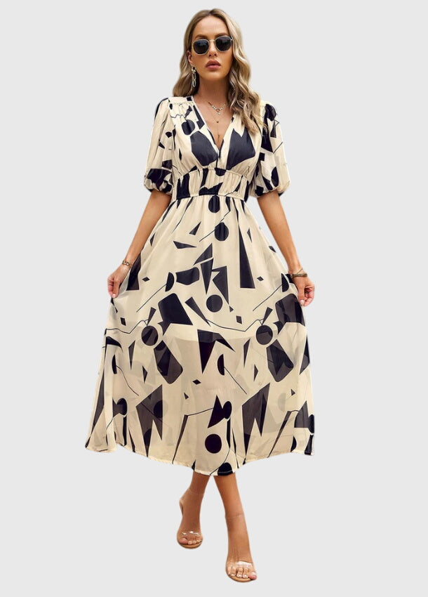 Eleanor | Women's Printed V-Neck Puff Sleeve Midi Dress