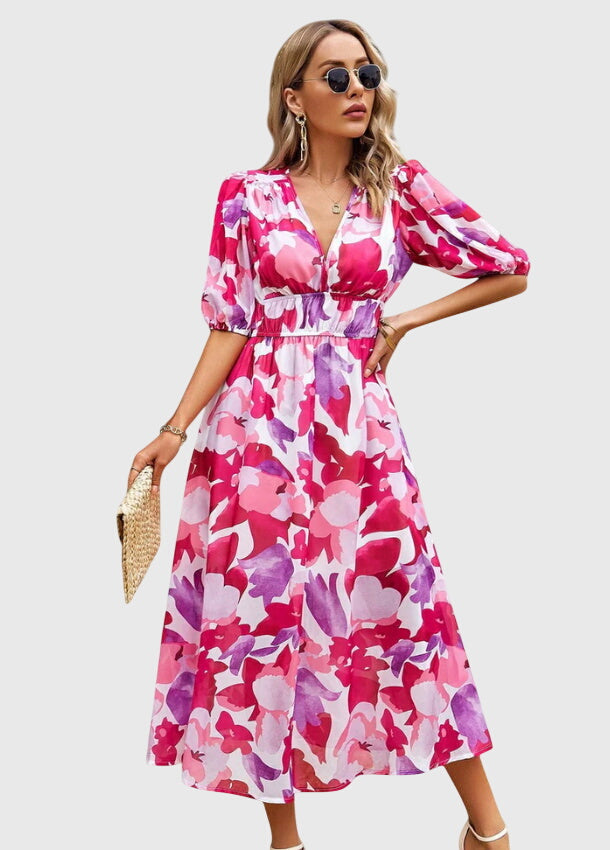 Eleanor | Women's Printed V-Neck Puff Sleeve Midi Dress