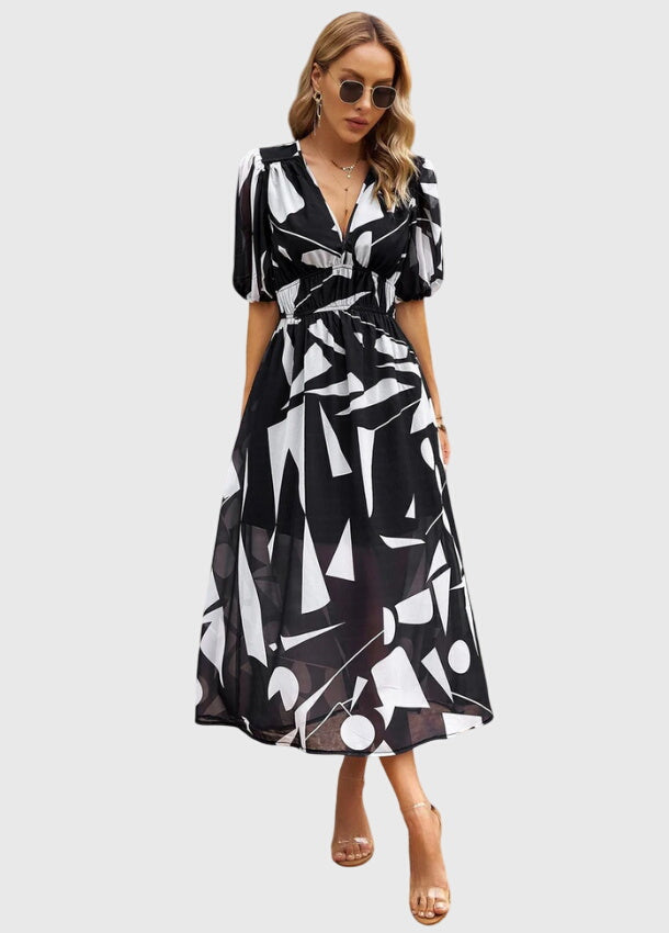 Eleanor | Women's Printed V-Neck Puff Sleeve Midi Dress