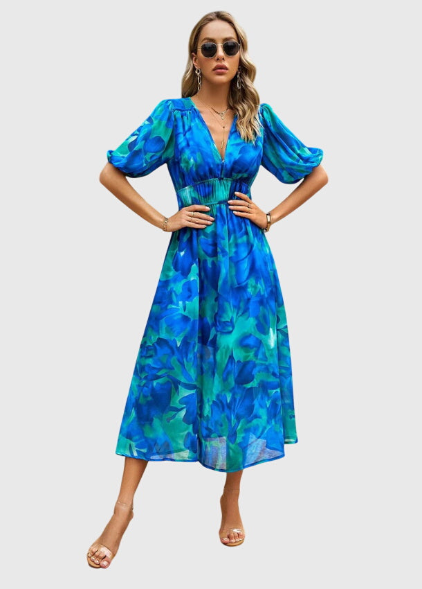 Eleanor | Women's Printed V-Neck Puff Sleeve Midi Dress