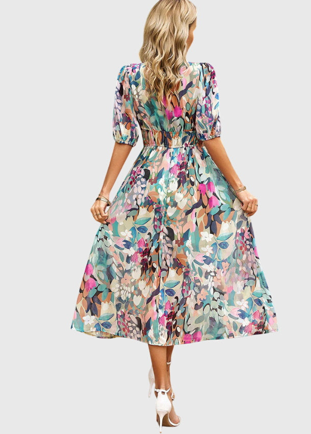 Eleanor | Women's Printed V-Neck Puff Sleeve Midi Dress