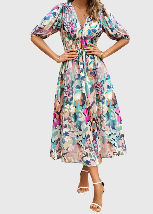 Eleanor | Women's Printed V-Neck Puff Sleeve Midi Dress