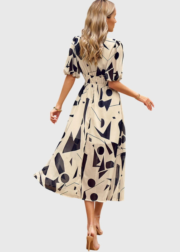 Eleanor | Women's Printed V-Neck Puff Sleeve Midi Dress