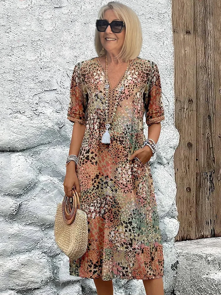 Noelle | Printed V Neck Short Sleeve Midi