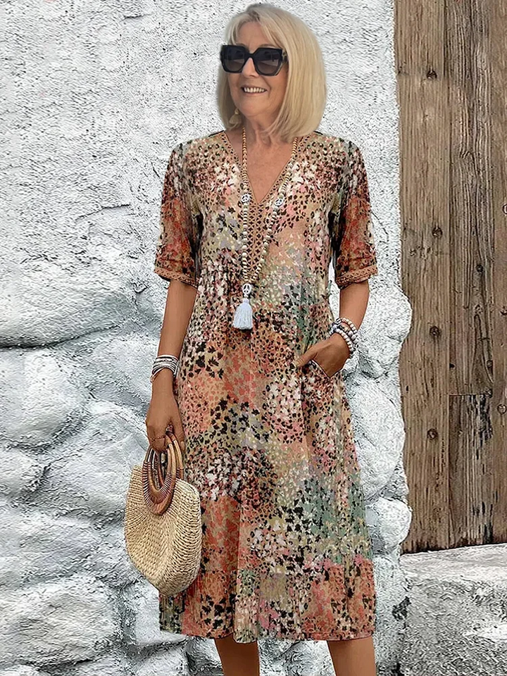 Noelle | Printed V Neck Short Sleeve Midi