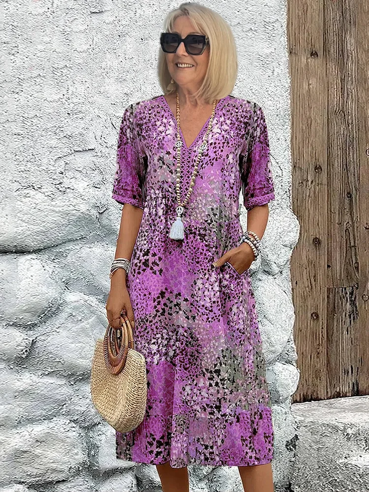 Noelle | Printed V Neck Short Sleeve Midi