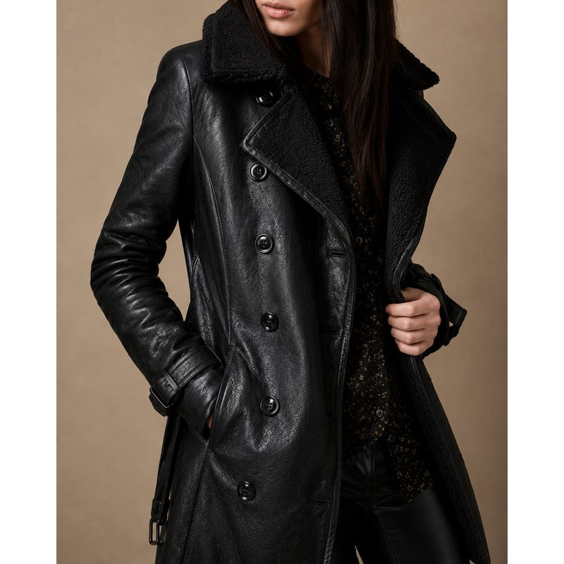 Sophia | Long Double-Breasted Faux-Leather Jacket